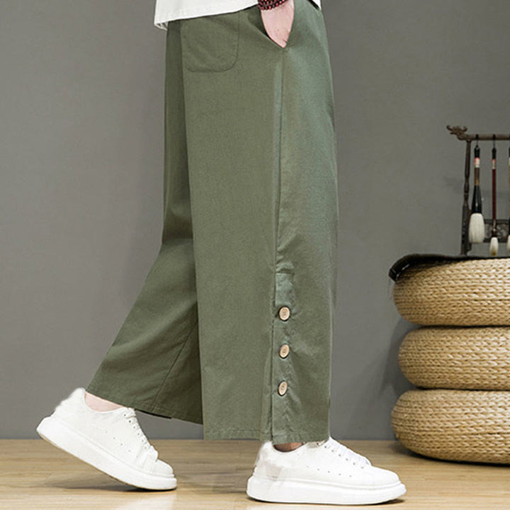 Buddha Stones Solid Color Linen Buttons Drawstring Men's Straight Leg Pants With Pockets - image 31