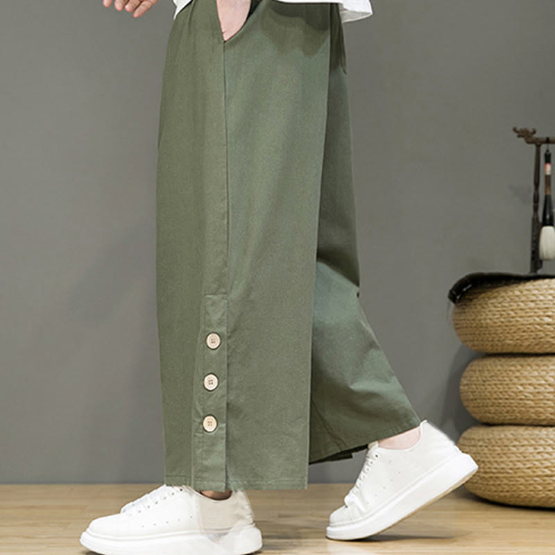 Buddha Stones Solid Color Linen Buttons Drawstring Men's Straight Leg Pants With Pockets - image 32