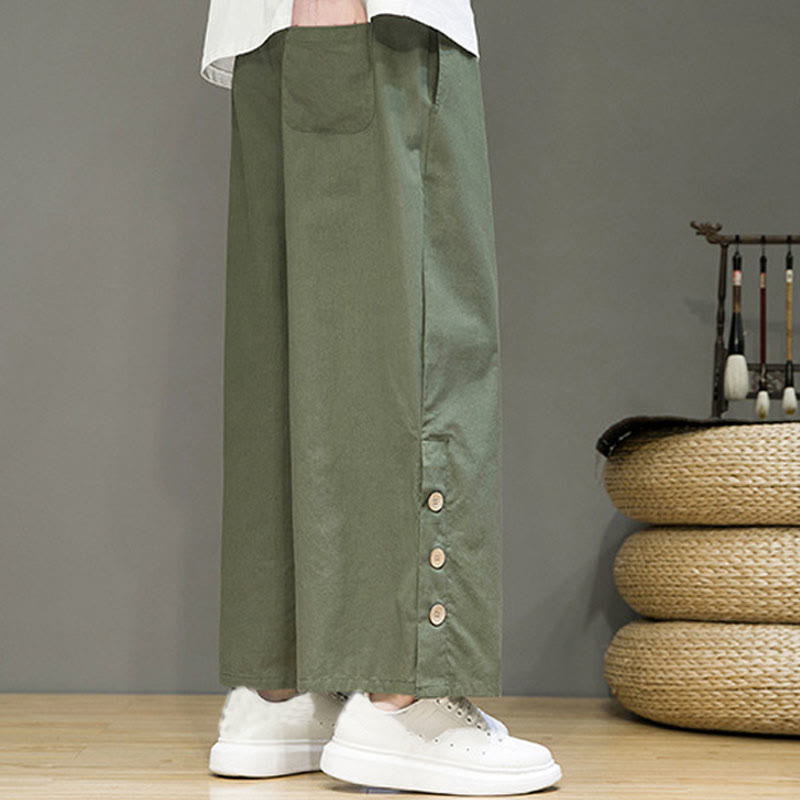Buddha Stones Solid Color Linen Buttons Drawstring Men's Straight Leg Pants With Pockets - image 29