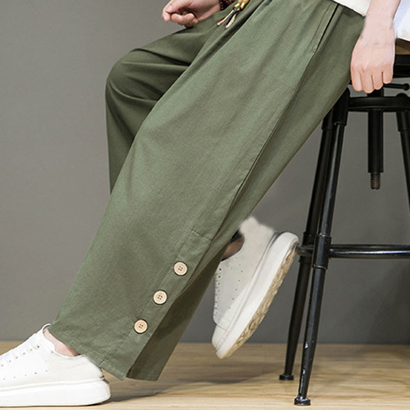 Buddha Stones Solid Color Linen Buttons Drawstring Men's Straight Leg Pants With Pockets - image 33