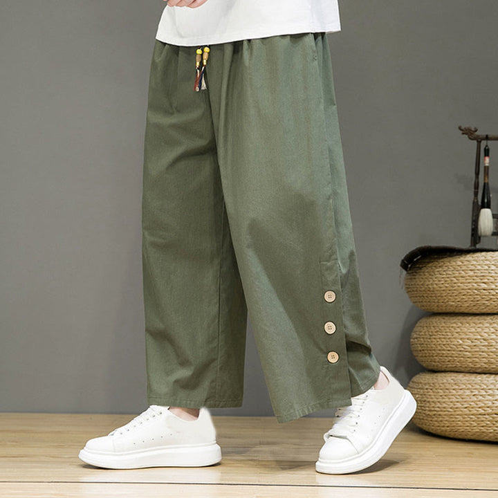 Buddha Stones Solid Color Linen Buttons Drawstring Men's Straight Leg Pants With Pockets - DarkSeaGreen - US/UK/AU46,EU56 (5XL) - image 26