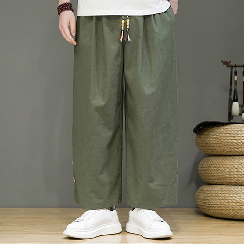 Buddha Stones Solid Color Linen Buttons Drawstring Men's Straight Leg Pants With Pockets - image 28