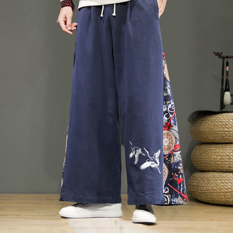 Buddha Stones Crane Embroidery Drawstring Men's Cotton Linen Wide Leg Pants With Pockets - SteelBlue - US/UK/AU46,EU56 (5XL) - image 1