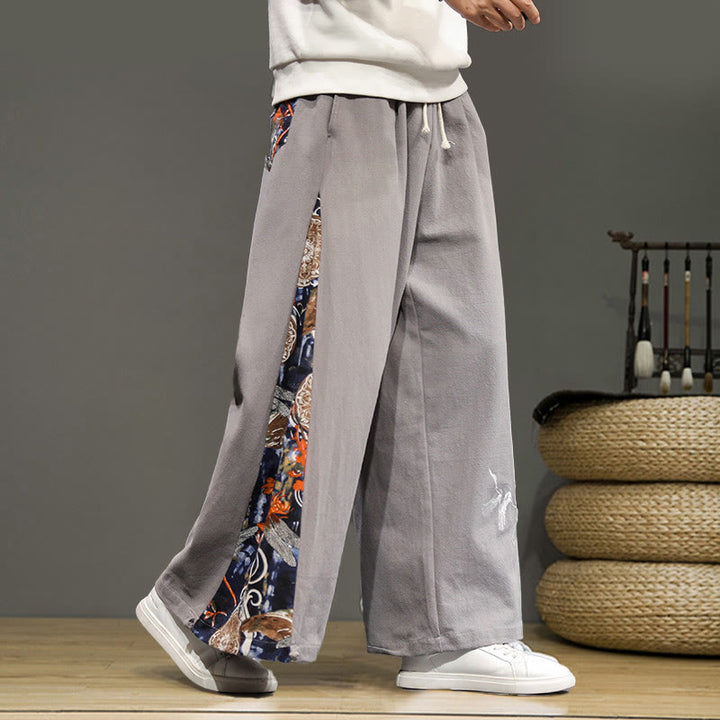 Buddha Stones Crane Embroidery Drawstring Men's Cotton Linen Wide Leg Pants With Pockets - LightGrey - US/UK/AU46,EU56 (5XL) - image 22