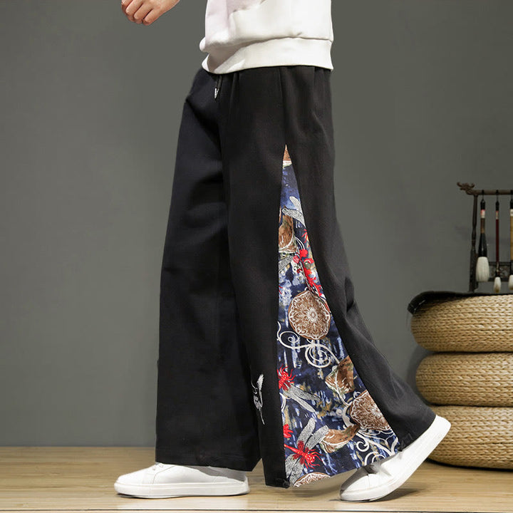 Buddha Stones Crane Embroidery Drawstring Men's Cotton Linen Wide Leg Pants With Pockets - Black - US/UK/AU46,EU56 (5XL) - image 9