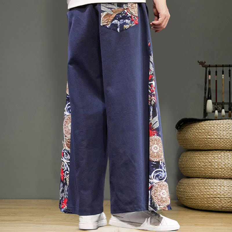 Buddha Stones Crane Embroidery Drawstring Men's Cotton Linen Wide Leg Pants With Pockets - image 5