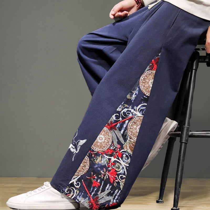 Buddha Stones Crane Embroidery Drawstring Men's Cotton Linen Wide Leg Pants With Pockets - image 8