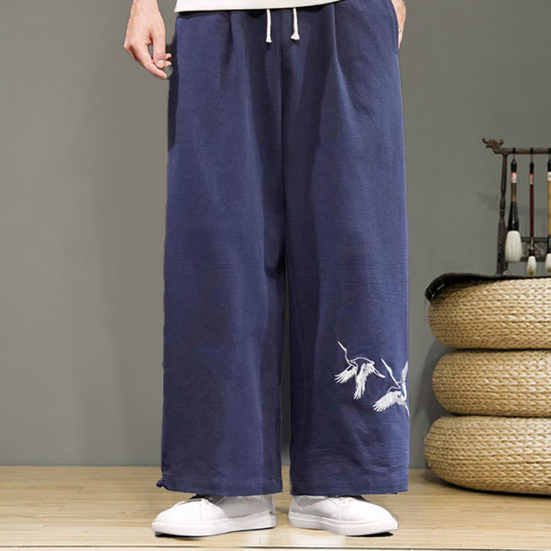 Buddha Stones Crane Embroidery Drawstring Men's Cotton Linen Wide Leg Pants With Pockets - image 3