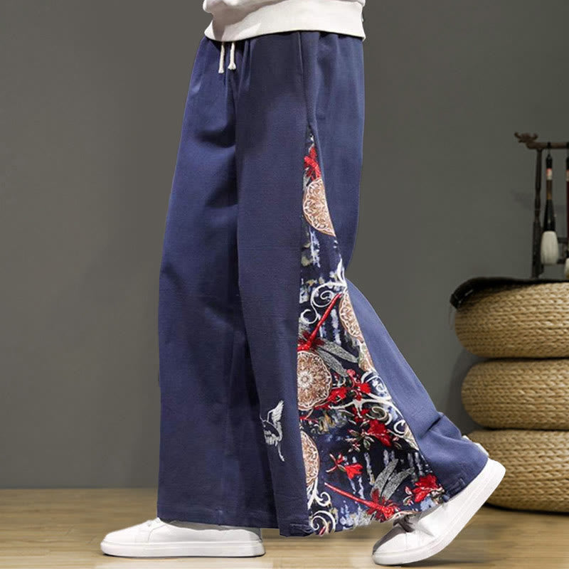 Buddha Stones Crane Embroidery Drawstring Men's Cotton Linen Wide Leg Pants With Pockets - image 2
