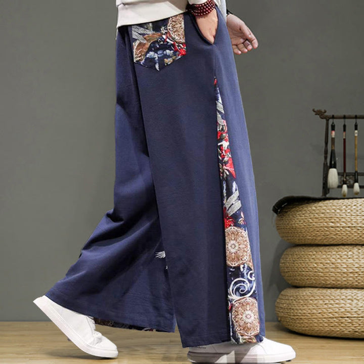 Buddha Stones Crane Embroidery Drawstring Men's Cotton Linen Wide Leg Pants With Pockets - image 6