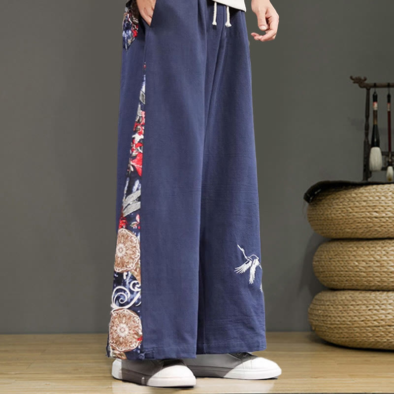 Buddha Stones Crane Embroidery Drawstring Men's Cotton Linen Wide Leg Pants With Pockets - image 4