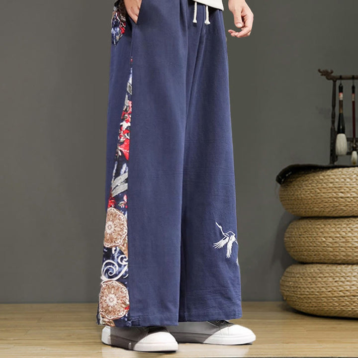 Buddha Stones Crane Embroidery Drawstring Men's Cotton Linen Wide Leg Pants With Pockets - image 4