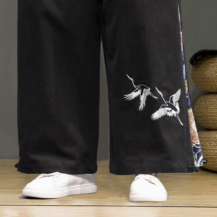 Buddha Stones Crane Embroidery Drawstring Men's Cotton Linen Wide Leg Pants With Pockets - image 21