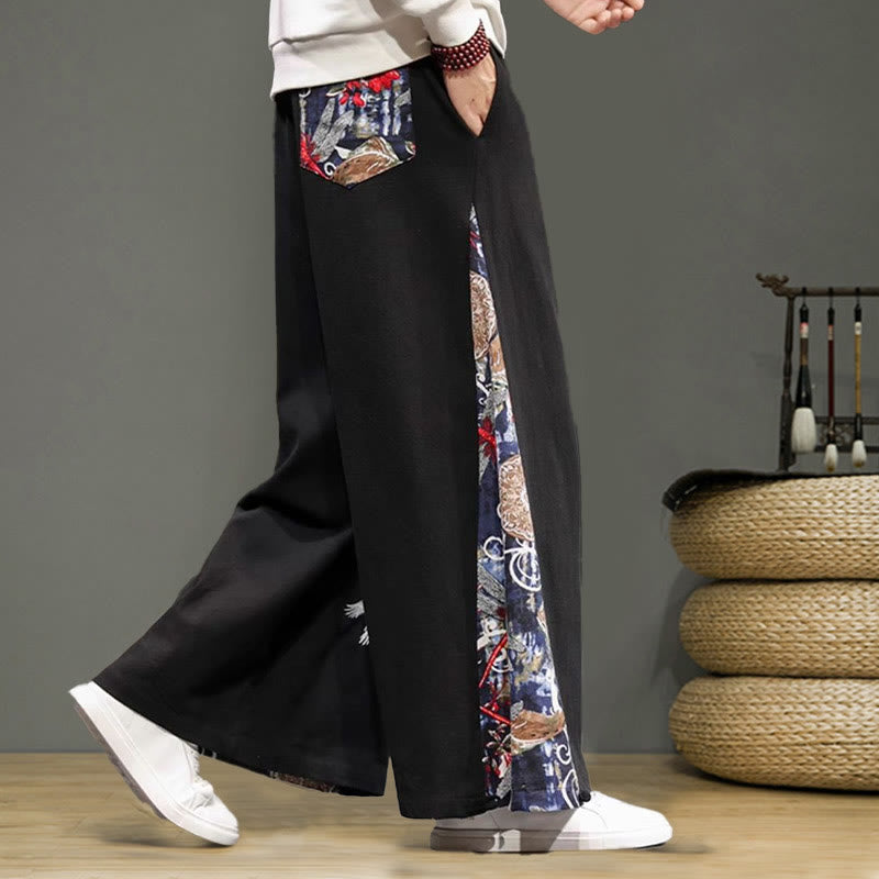 Buddha Stones Crane Embroidery Drawstring Men's Cotton Linen Wide Leg Pants With Pockets - image 16
