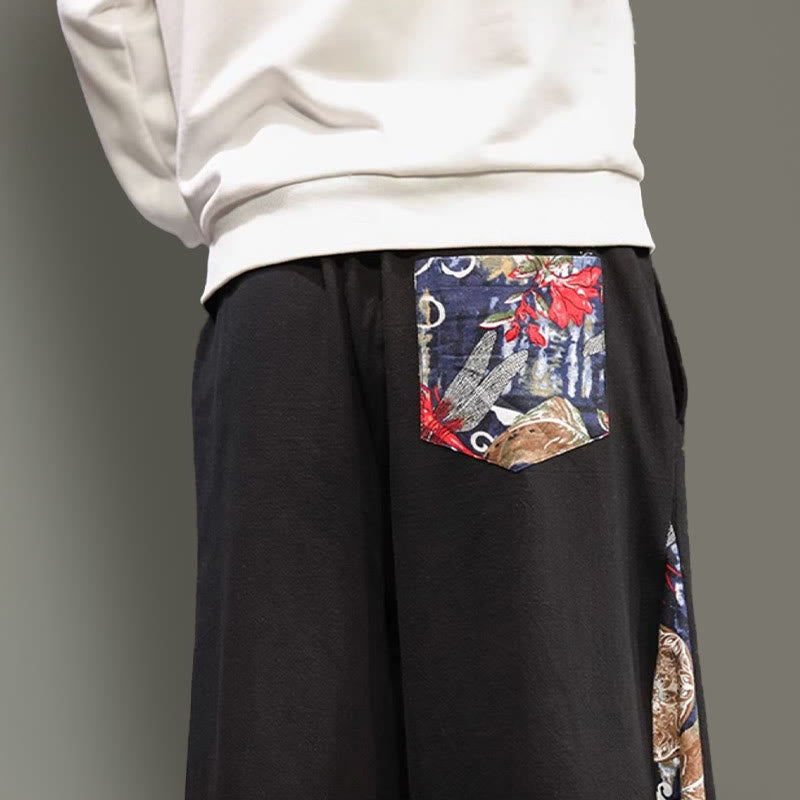 Buddha Stones Crane Embroidery Drawstring Men's Cotton Linen Wide Leg Pants With Pockets - image 19
