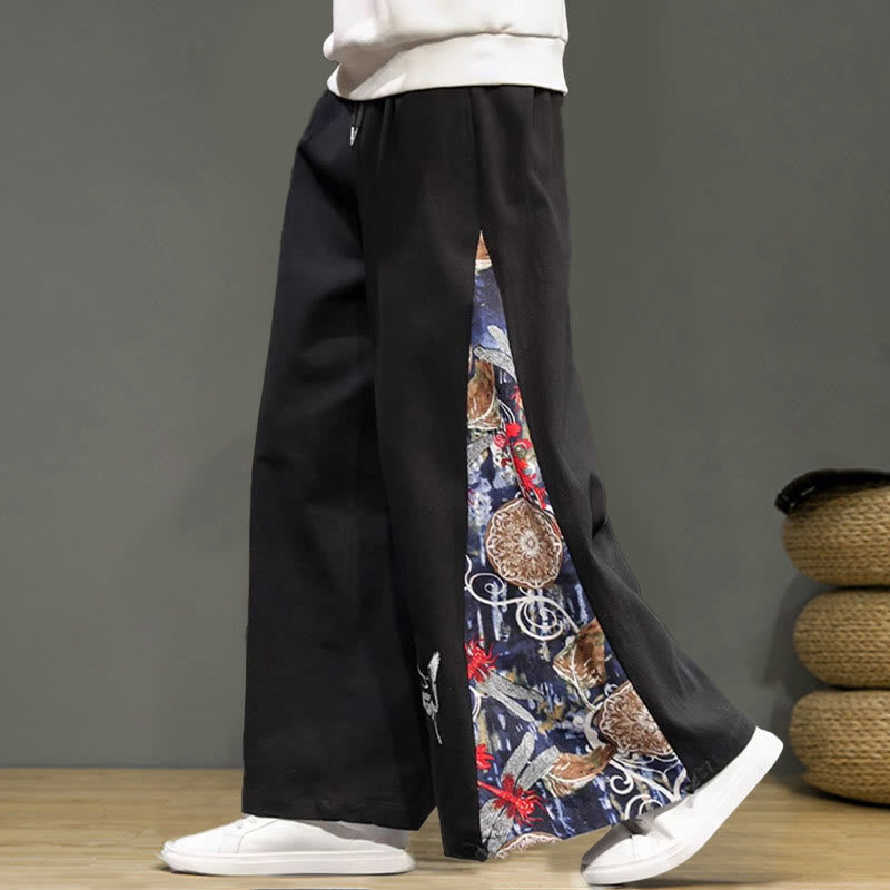 Buddha Stones Crane Embroidery Drawstring Men's Cotton Linen Wide Leg Pants With Pockets - image 17