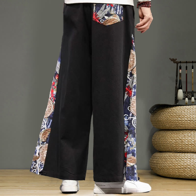 Buddha Stones Crane Embroidery Drawstring Men's Cotton Linen Wide Leg Pants With Pockets - image 12
