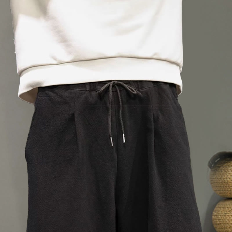 Buddha Stones Crane Embroidery Drawstring Men's Cotton Linen Wide Leg Pants With Pockets - image 18