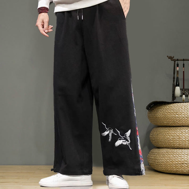Buddha Stones Crane Embroidery Drawstring Men's Cotton Linen Wide Leg Pants With Pockets - image 10