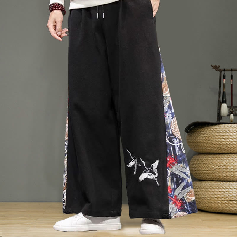 Buddha Stones Crane Embroidery Drawstring Men's Cotton Linen Wide Leg Pants With Pockets - image 11