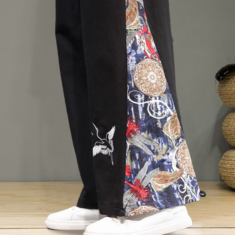 Buddha Stones Crane Embroidery Drawstring Men's Cotton Linen Wide Leg Pants With Pockets - image 20