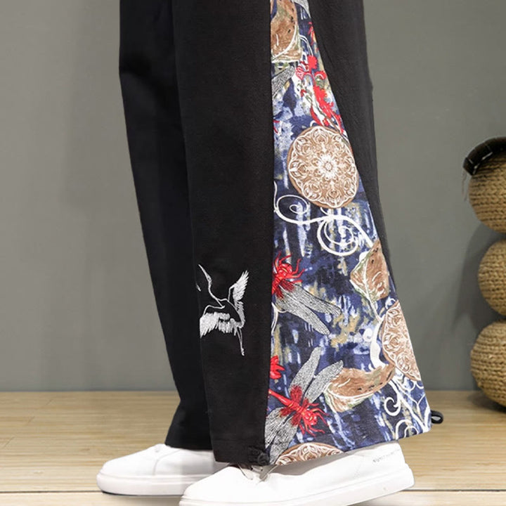 Buddha Stones Crane Embroidery Drawstring Men's Cotton Linen Wide Leg Pants With Pockets - image 20