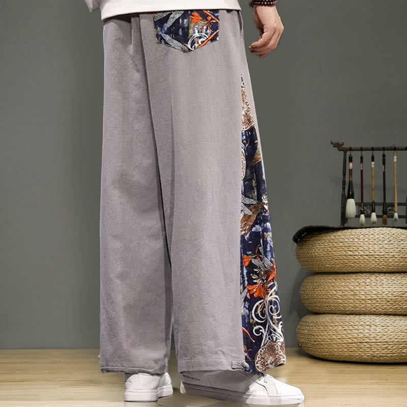 Buddha Stones Crane Embroidery Drawstring Men's Cotton Linen Wide Leg Pants With Pockets - image 25