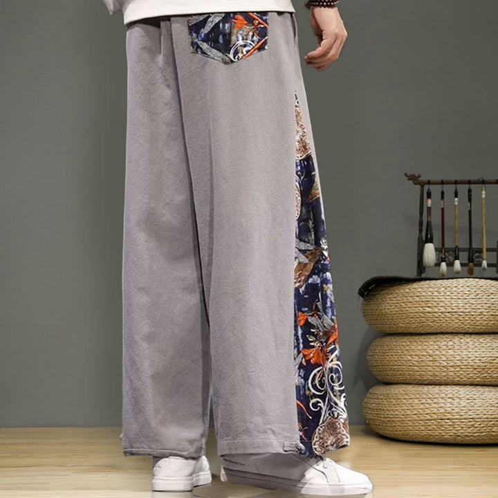 Buddha Stones Crane Embroidery Drawstring Men's Cotton Linen Wide Leg Pants With Pockets - image 25