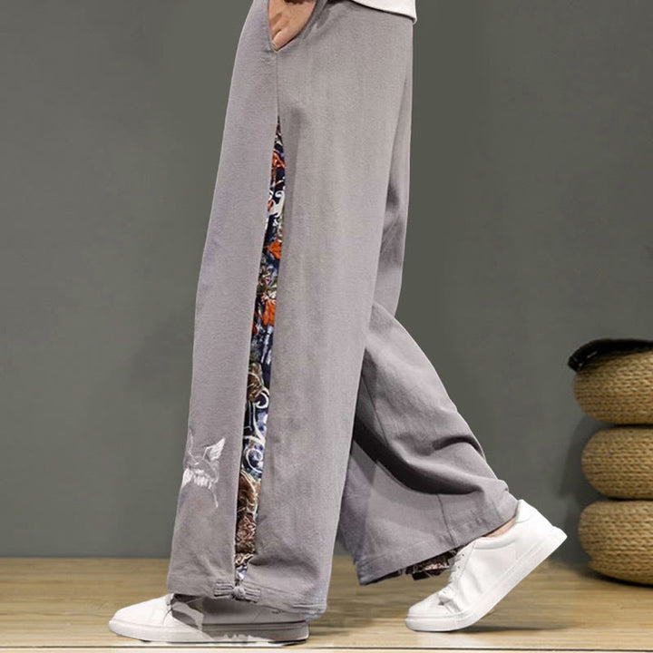 Buddha Stones Crane Embroidery Drawstring Men's Cotton Linen Wide Leg Pants With Pockets - image 26