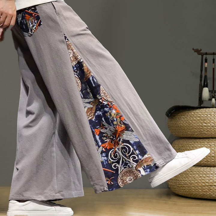Buddha Stones Crane Embroidery Drawstring Men's Cotton Linen Wide Leg Pants With Pockets - image 29