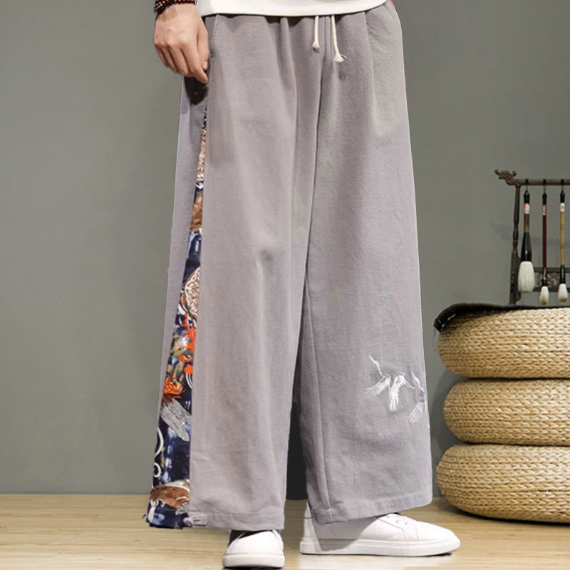 Buddha Stones Crane Embroidery Drawstring Men's Cotton Linen Wide Leg Pants With Pockets - image 24