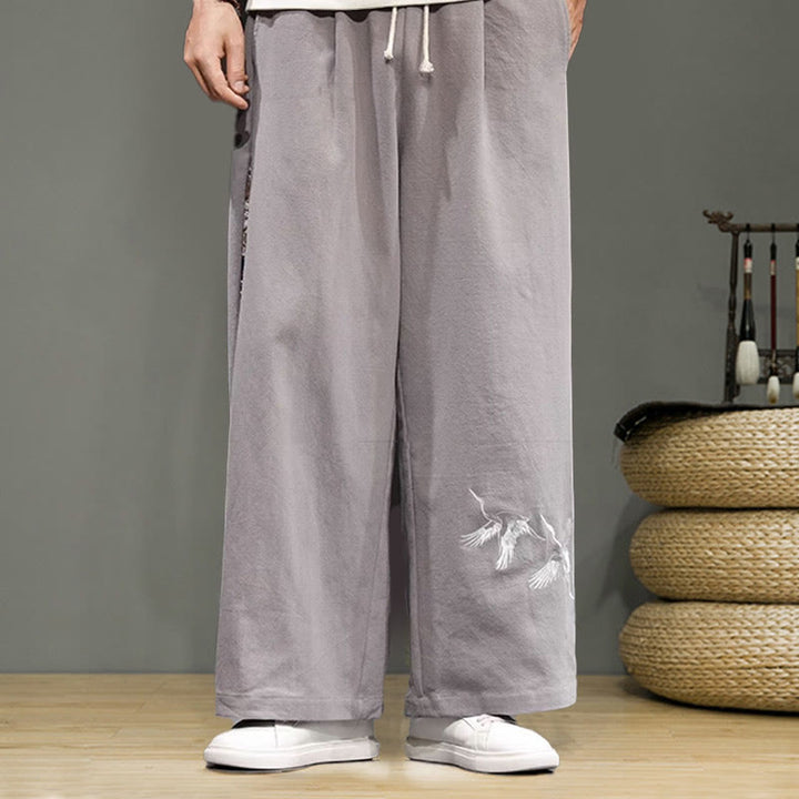 Buddha Stones Crane Embroidery Drawstring Men's Cotton Linen Wide Leg Pants With Pockets - image 27