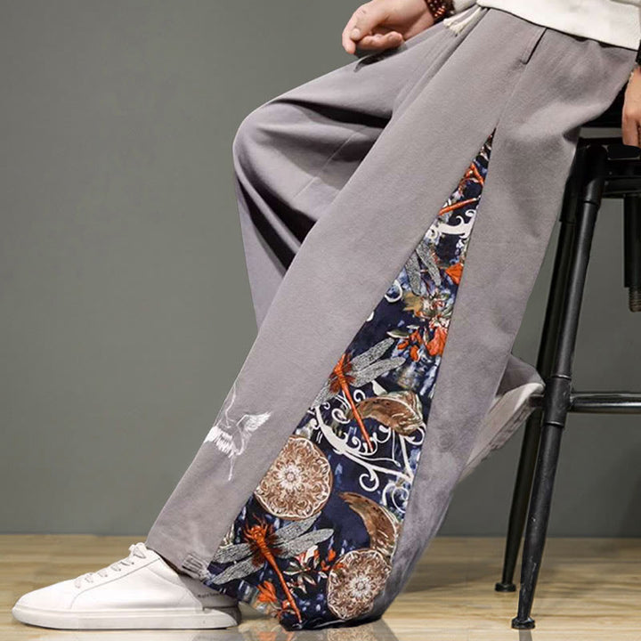 Buddha Stones Crane Embroidery Drawstring Men's Cotton Linen Wide Leg Pants With Pockets - image 30
