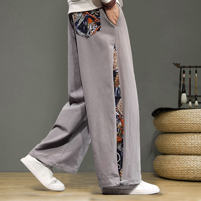 Buddha Stones Crane Embroidery Drawstring Men's Cotton Linen Wide Leg Pants With Pockets - image 28