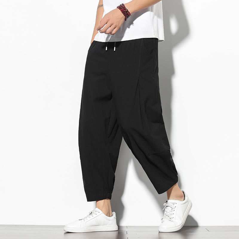 Buddha Stones Summer Men's 7-8 Length Cotton Linen Carrot Pants With Pockets - Black - US/UK/AU46,EU56 (5XL) - image 14