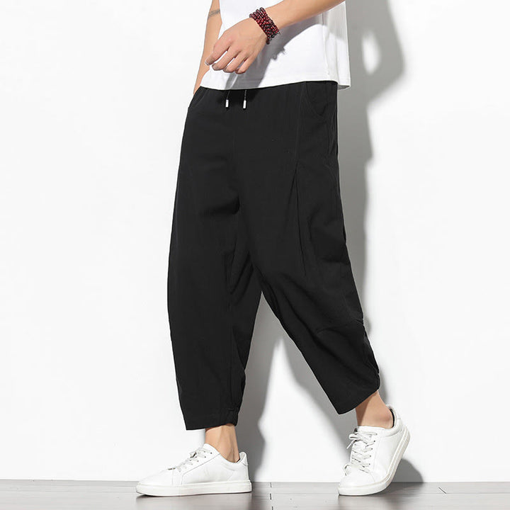 Buddha Stones Summer Men's 7-8 Length Cotton Linen Carrot Pants With Pockets - Black - US/UK/AU46,EU56 (5XL) - image 14