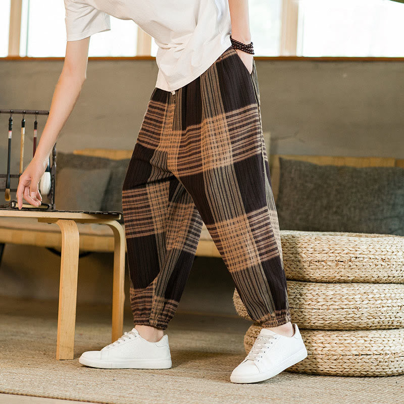 Buddha Stones Summer Checkered Stripes Cotton Linen Men's Harem Pants With Pockets - Tan - US/UK/AU46,EU56 (5XL) - image 1