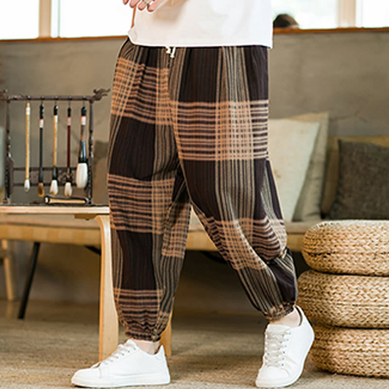 Buddha Stones Summer Checkered Stripes Cotton Linen Men's Harem Pants With Pockets - image 2