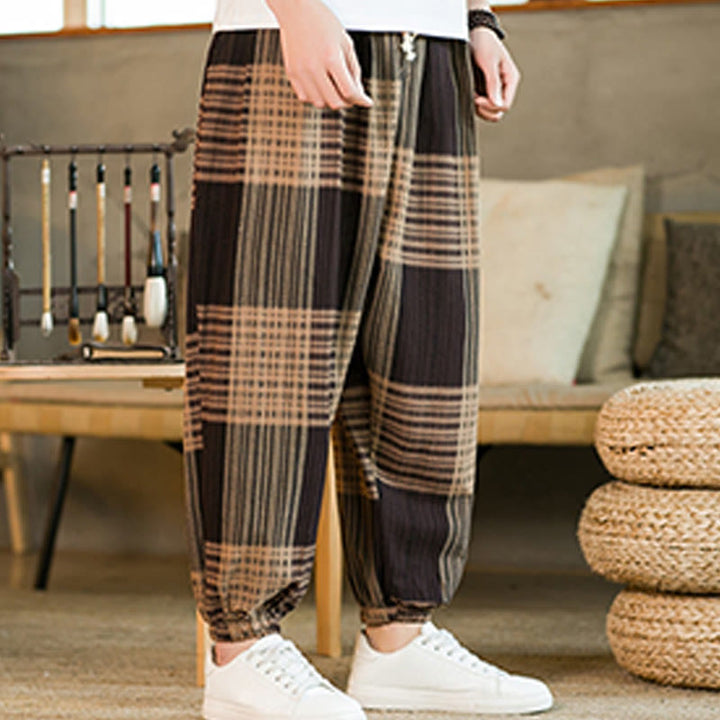 Buddha Stones Summer Checkered Stripes Cotton Linen Men's Harem Pants With Pockets - image 4