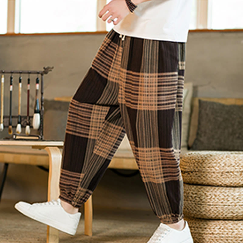 Buddha Stones Summer Checkered Stripes Cotton Linen Men's Harem Pants With Pockets - image 6