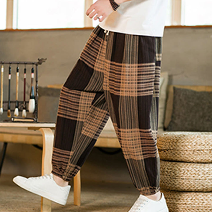 Buddha Stones Summer Checkered Stripes Cotton Linen Men's Harem Pants With Pockets - image 6