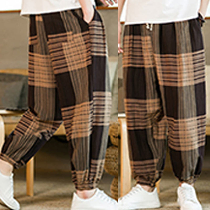 Buddha Stones Summer Checkered Stripes Cotton Linen Men's Harem Pants With Pockets - image 9