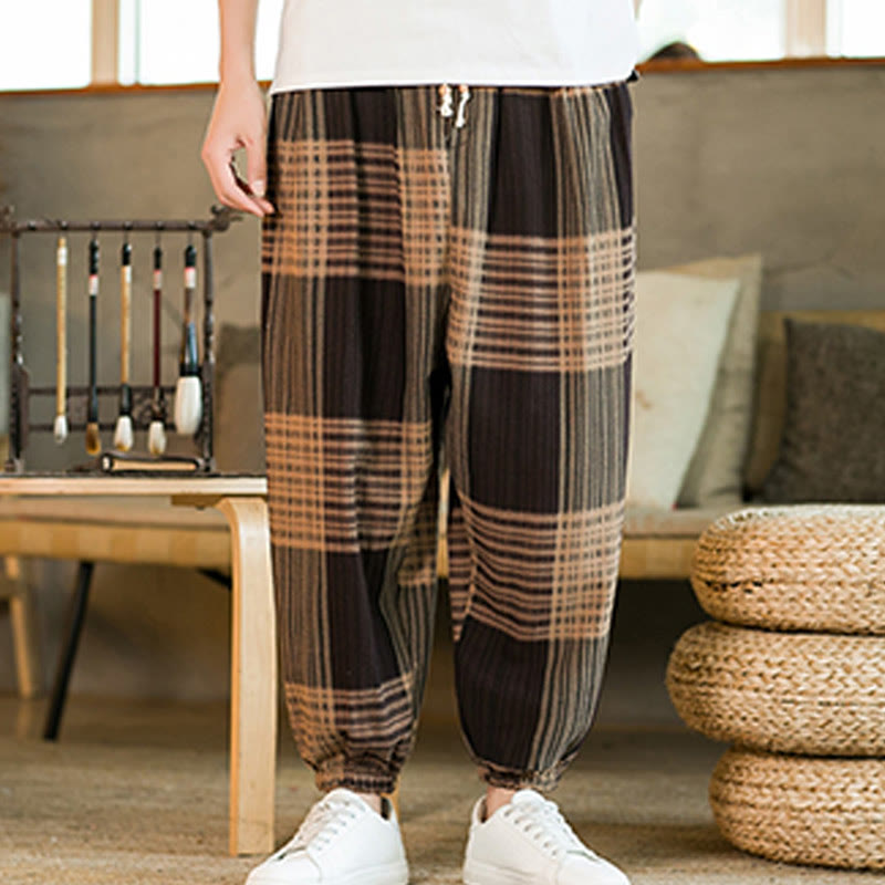 Buddha Stones Summer Checkered Stripes Cotton Linen Men's Harem Pants With Pockets - image 8