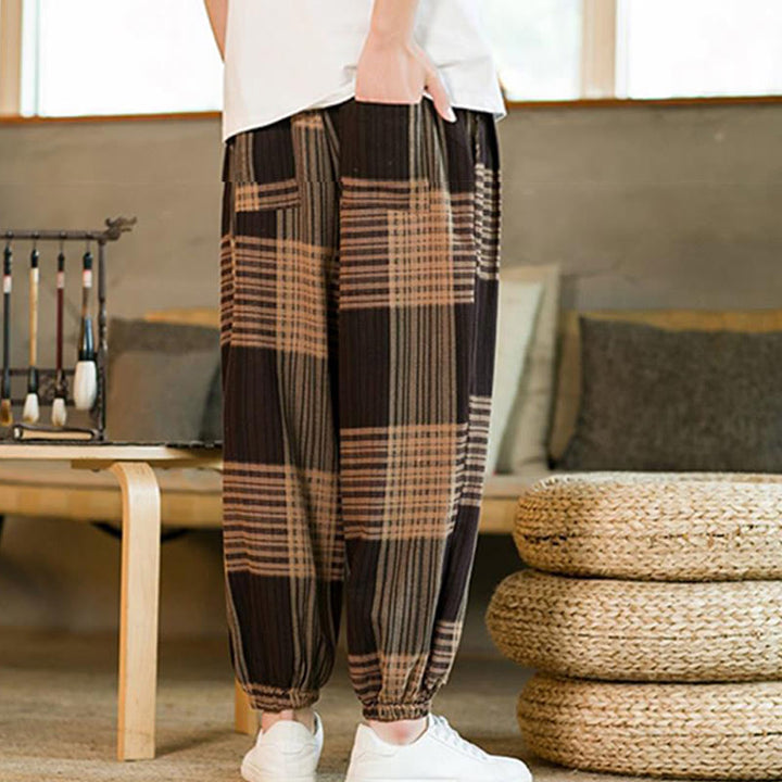 Buddha Stones Summer Checkered Stripes Cotton Linen Men's Harem Pants With Pockets - image 5