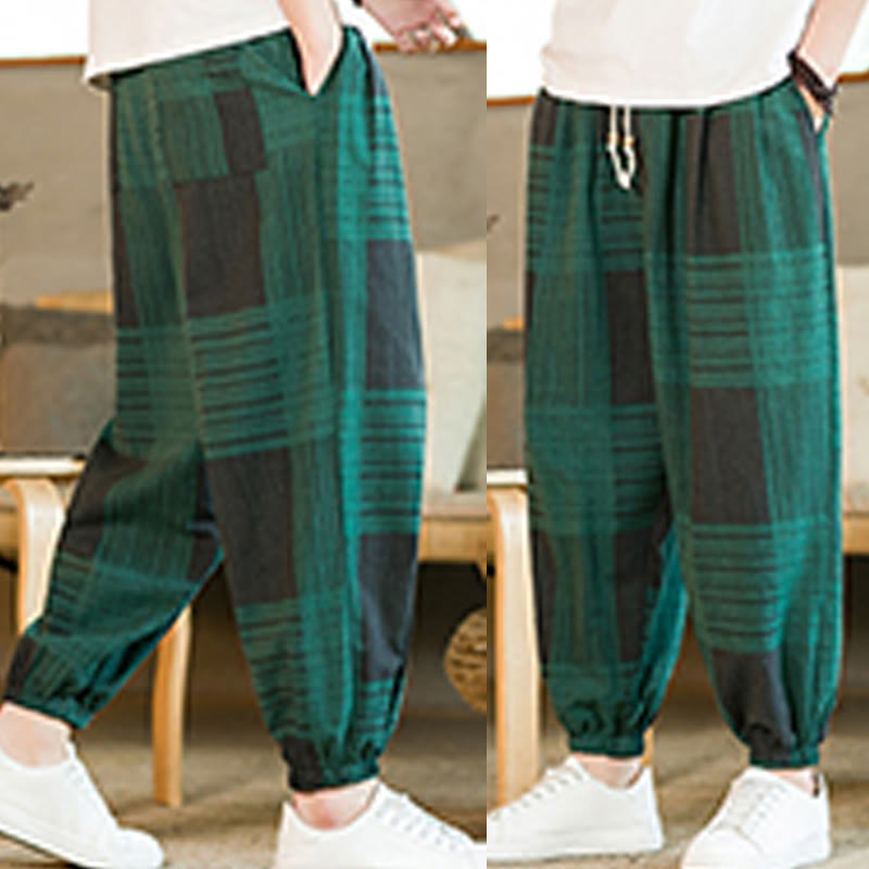 Buddha Stones Summer Checkered Stripes Cotton Linen Men's Harem Pants With Pockets - image 19