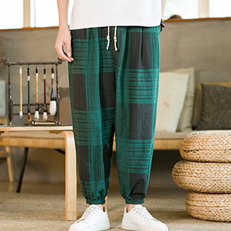 Buddha Stones Summer Checkered Stripes Cotton Linen Men's Harem Pants With Pockets - image 15