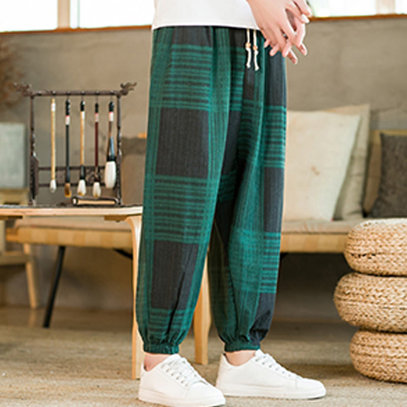 Buddha Stones Summer Checkered Stripes Cotton Linen Men's Harem Pants With Pockets - image 12