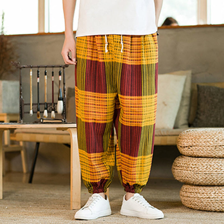 Buddha Stones Summer Checkered Stripes Cotton Linen Men's Harem Pants With Pockets - image 21