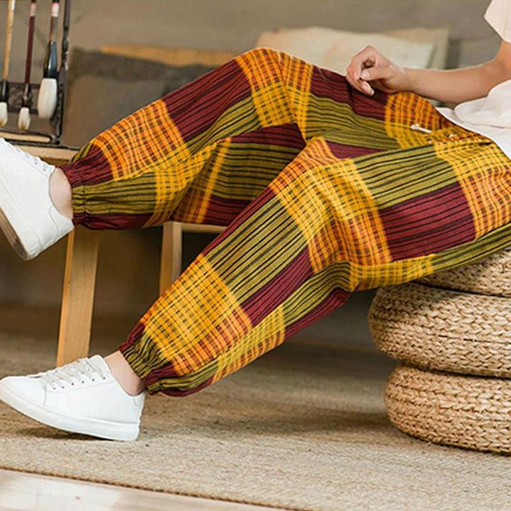 Buddha Stones Summer Checkered Stripes Cotton Linen Men's Harem Pants With Pockets - image 26
