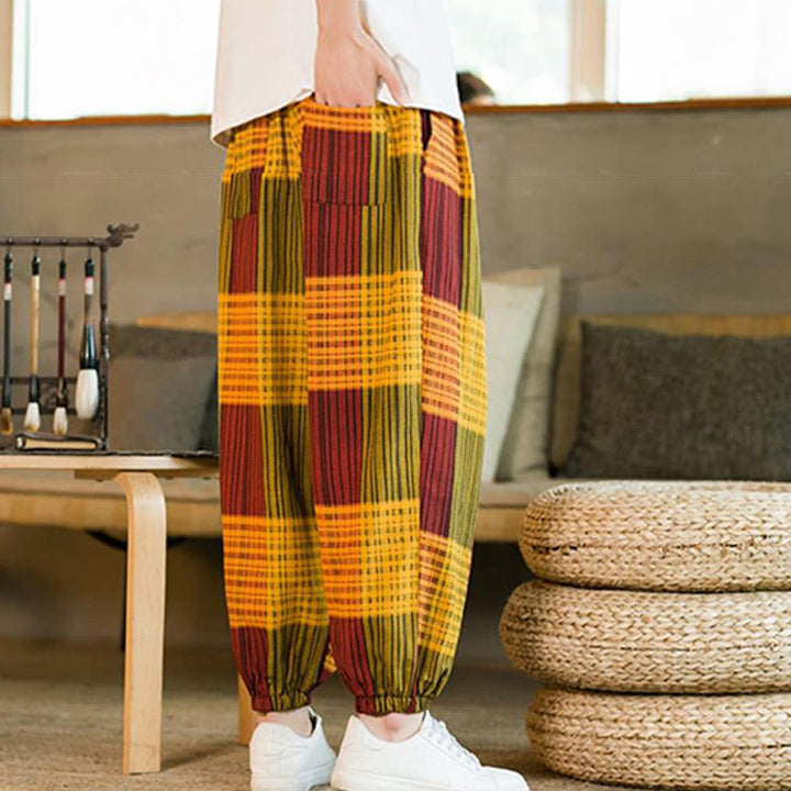 Buddha Stones Summer Checkered Stripes Cotton Linen Men's Harem Pants With Pockets - image 24